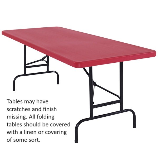 Tables have plywood tops and are meant for durability. Tables may have scratches and finish missing. All folding tables should be covered with a linen or covering of some sort.